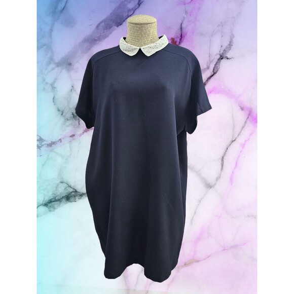 CS Women's XL Zara Basic Collection Navy Blue Eyelet Collar Shift Career Dress - Picture 1 of 7